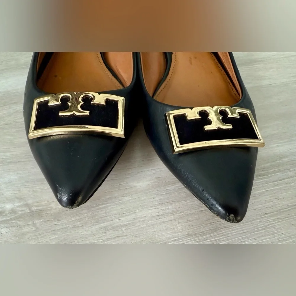 TORY BURCH Suede-trimmed Embellished Leather Point-toe Flats In Perfect Black 7